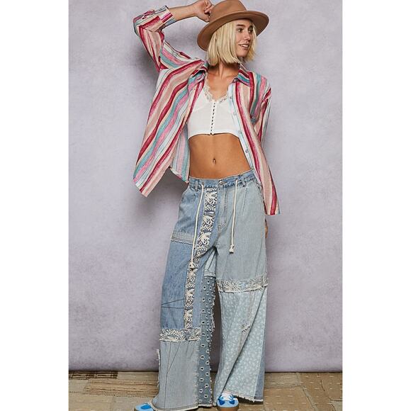 POL Striped Pattern Long Sleeves Chest Pocket Button Down Oversized Shirt | Pink - Picture 6 of 8